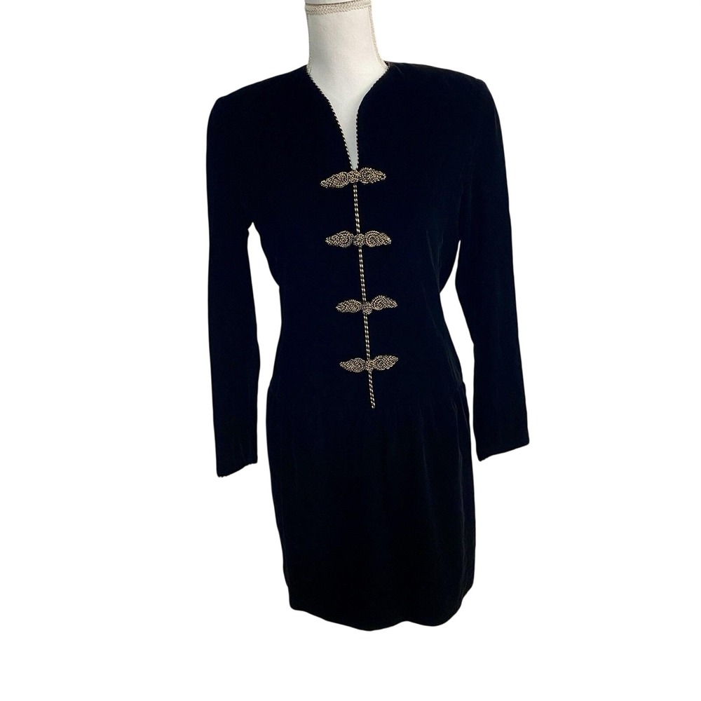 Vintage Liz Claiborne Velvet Dress Size 6 Gold Black Frog Closures Fabulous